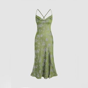 CIDER | Green Floral Cowl Neck Split Midi Dress